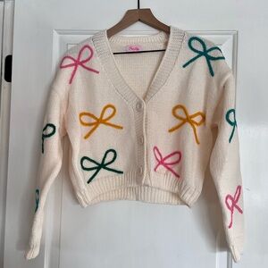 Pink Lily Cream Cardigan with Bow Accents